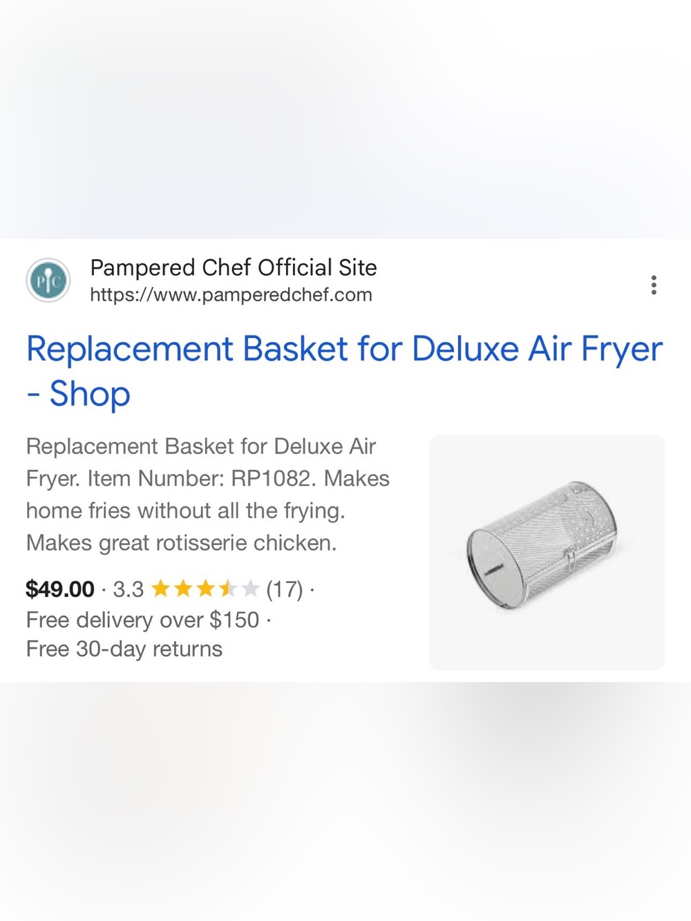 Pampered Chef Replacement Air Fryer Basket for Deluxe Air Fryer(item # RP1082
